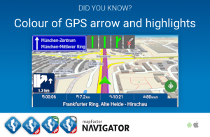 Customisable colours of the GPS navigation arrow and the route highlights