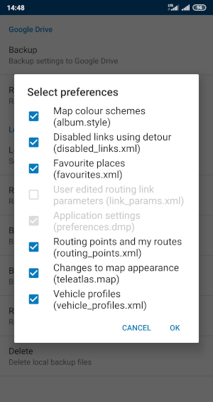 MapFactor Navigator - Select preferences for backup