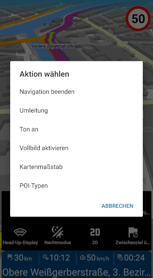 Screenshot MapFactor Navigator (Android) - Schnellaktionen im Navigationsmodus