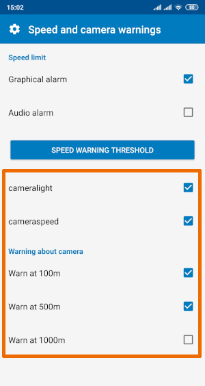 Navigator - Camera warning settings
