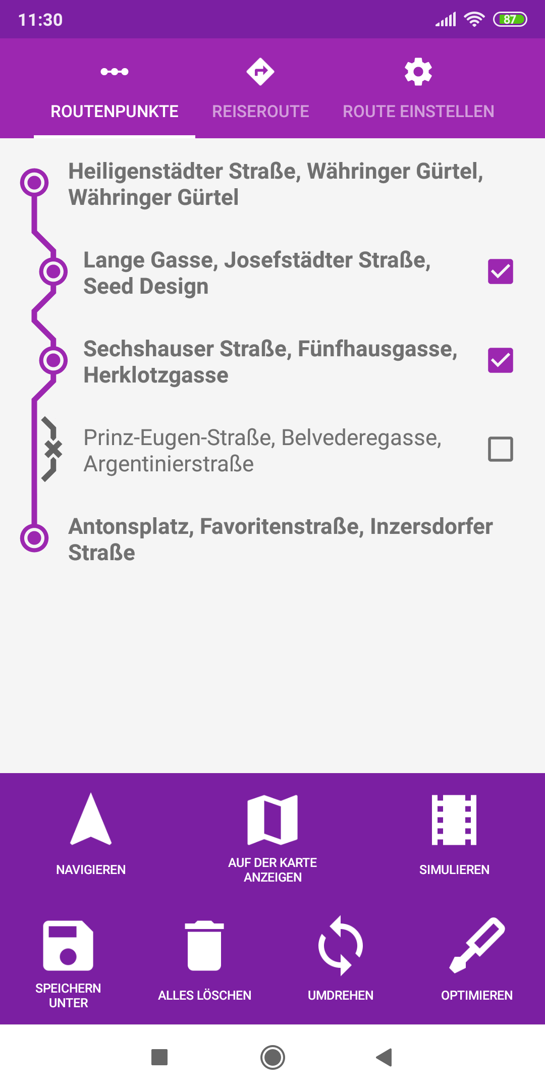 mapFactor Navigator 5.0 - Routing points - purple app colour theme