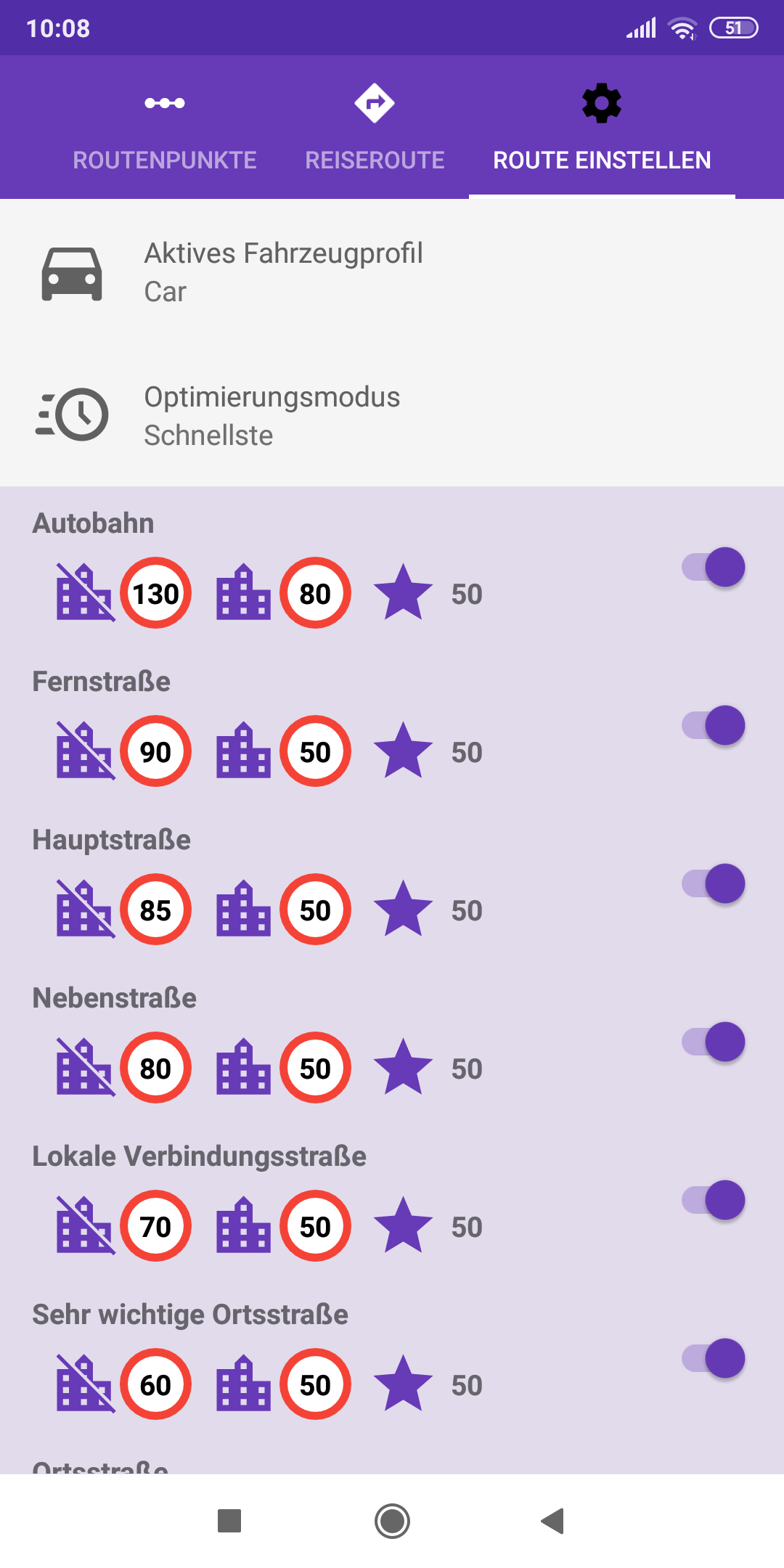 mapFactor Navigator 5.0 - Route einstellen - violettes App-Farbthema (premium)