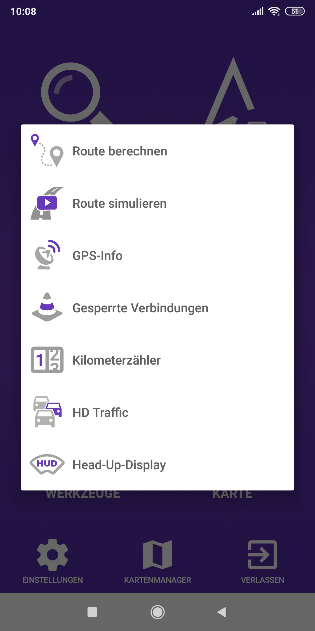 mapFactor Navigator 5.0 - Werkzeuge - violettes App-Farbthema (premium)