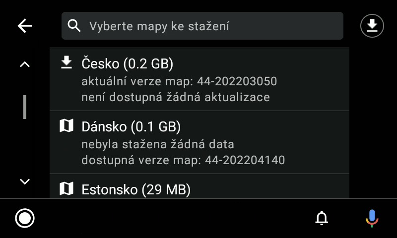 Screeshot Mapfactor Navigator 7.2 - Stahování map přes Android Auto zařízení