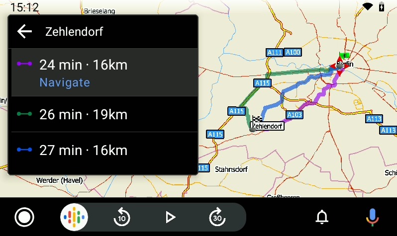 MapFactor 7 pro Android Auto - Alternativní trasy