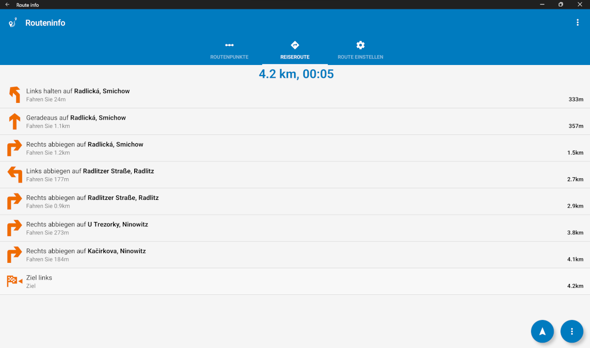 Screenshot Navigator Android auf Windows 11 laptop - Routeninfo - Reiseroute