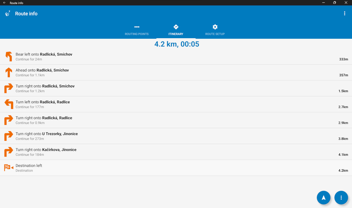 Screenshot of Navigator for Android on a Windows 11 laptop - Route info - Itinerary