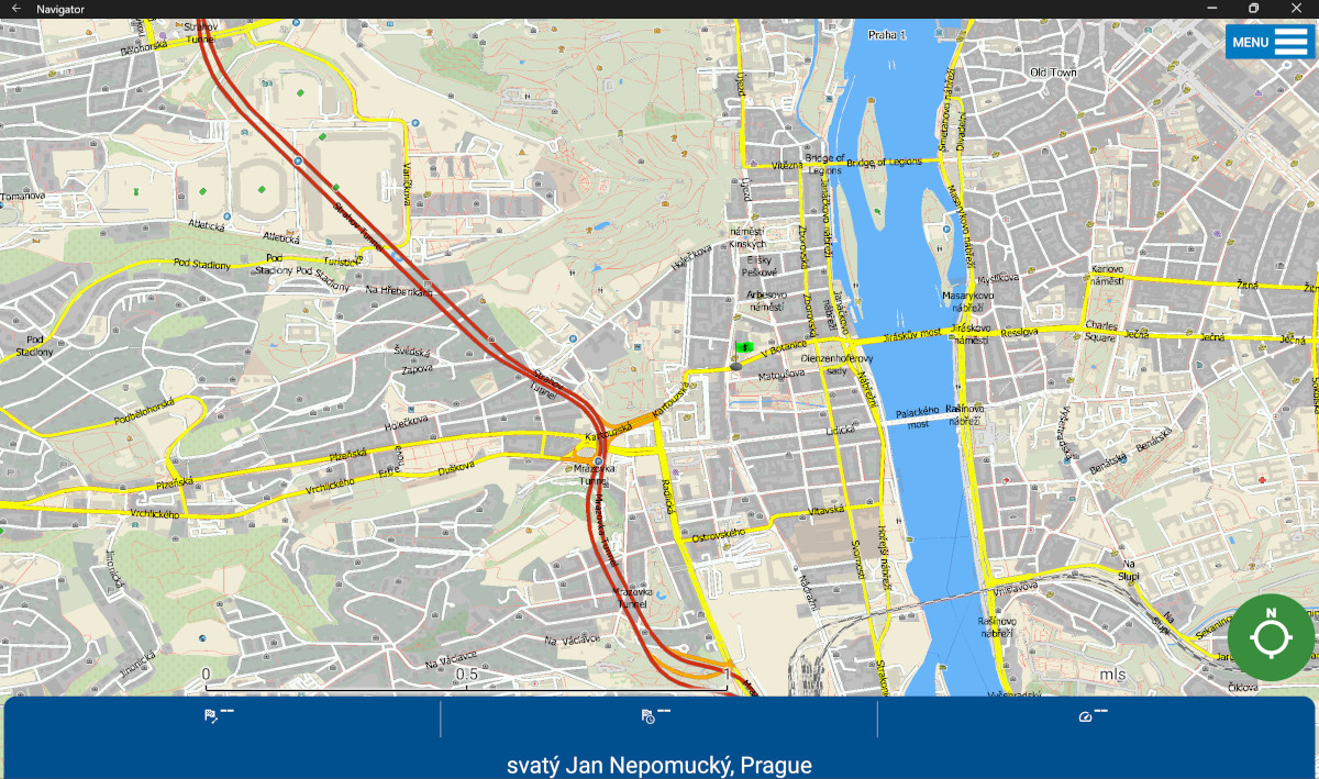 Screenshot of Navigator for Android on a Windows 11 laptop - map view with a start