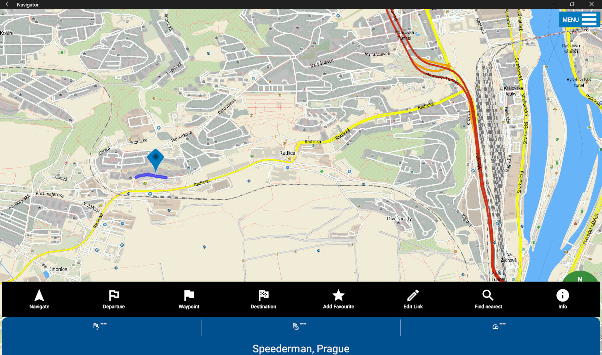 Screenshot of Navigator for Android on a Windows 11 laptop - map toolbar with features and a place chosen in the map