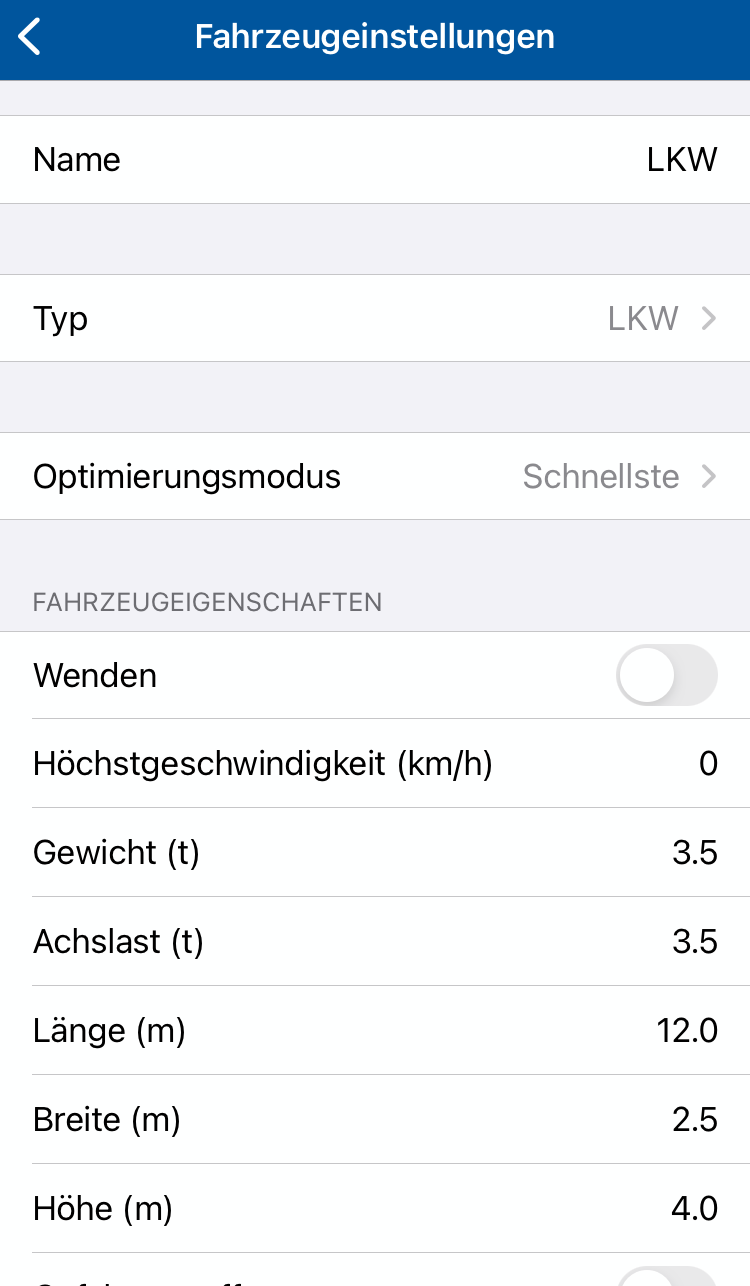 creenshot MapFactor Navigator 2.6 iOS - Fahrzeugparameter - LKW