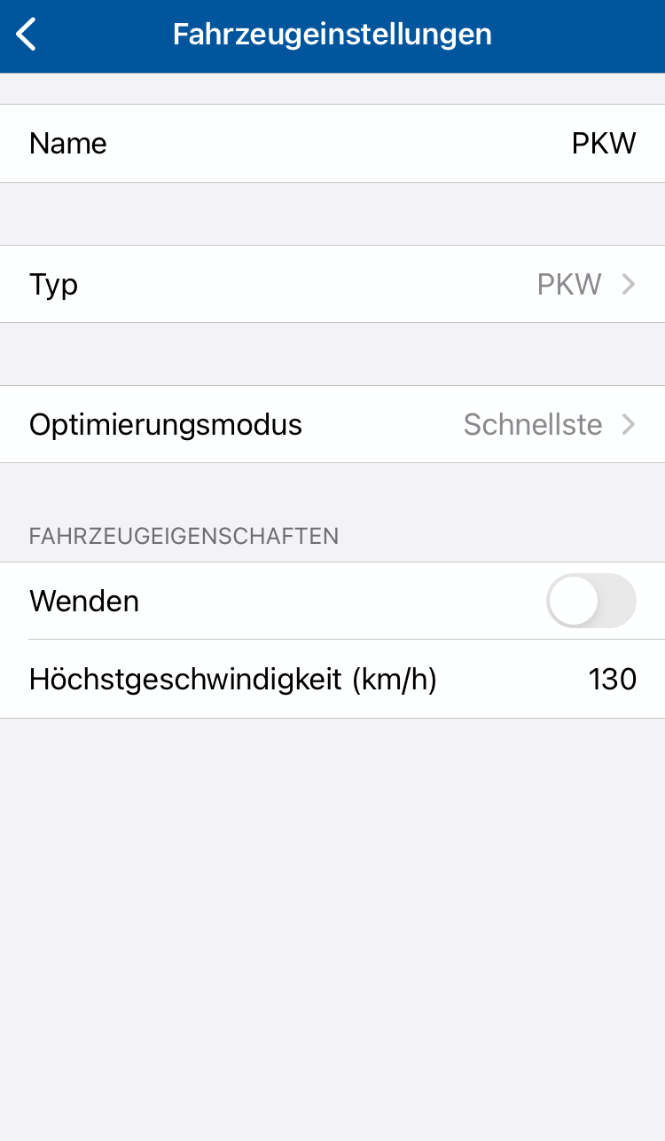 creenshot MapFactor Navigator 2.6 for iOS - Einstellungen - Vehicle profile - PKW