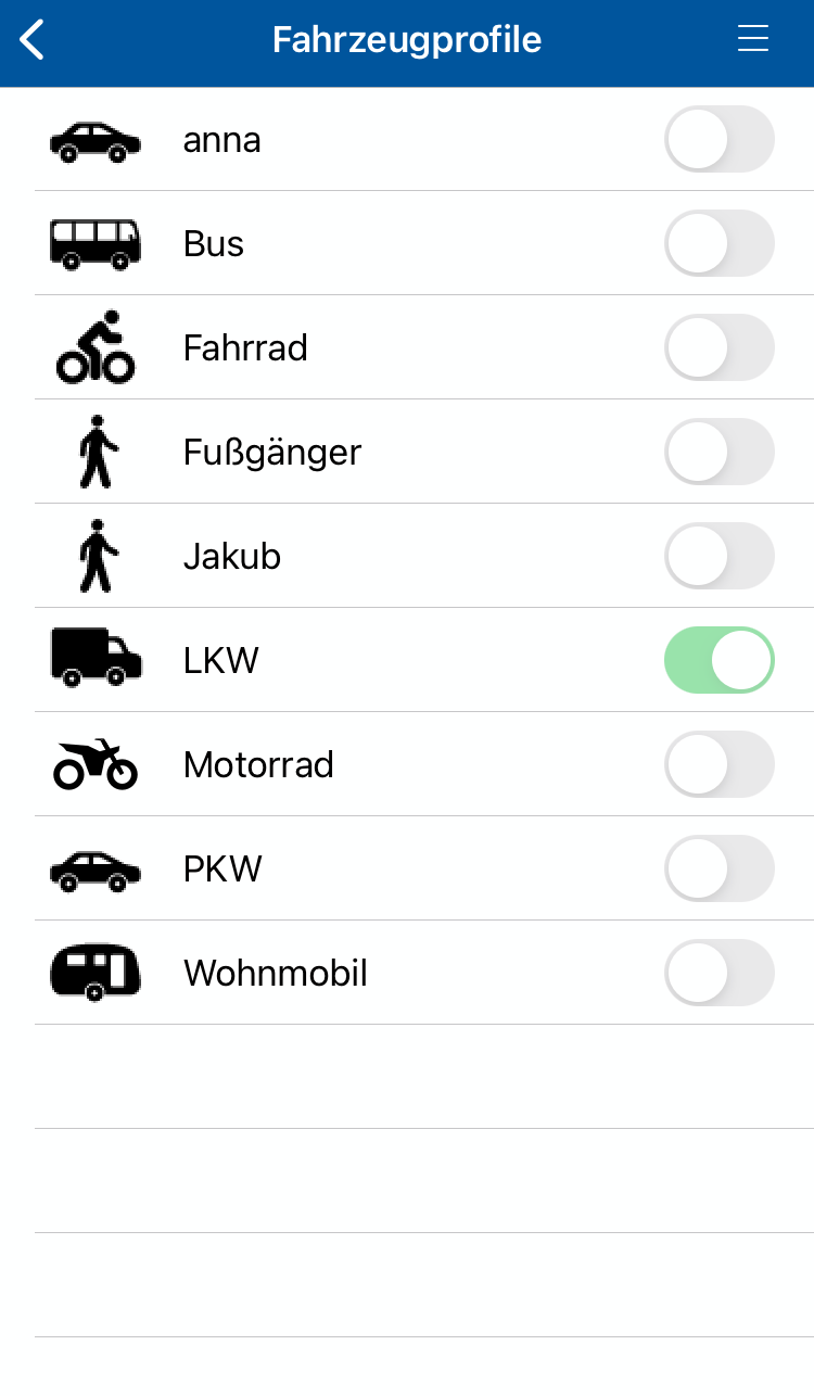 Screenshot MapFactor Navigator 2.6 iOS - Einstellungen - Fahrzeuprofile
