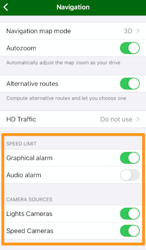 Navigator iOS - Speed and Camera warning settings