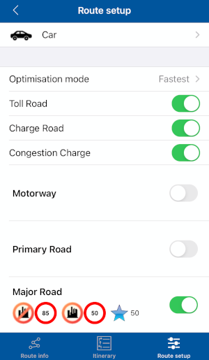 Screenshot MapFactor Navigator 2.6 for iOS - Route info - Route setup