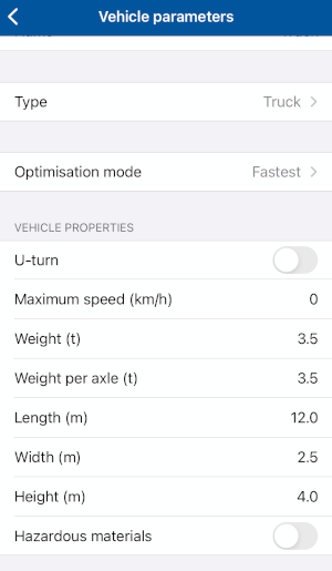 creenshot MapFactor Navigator 2.6 for iOS - Vehicle parameters - Truck