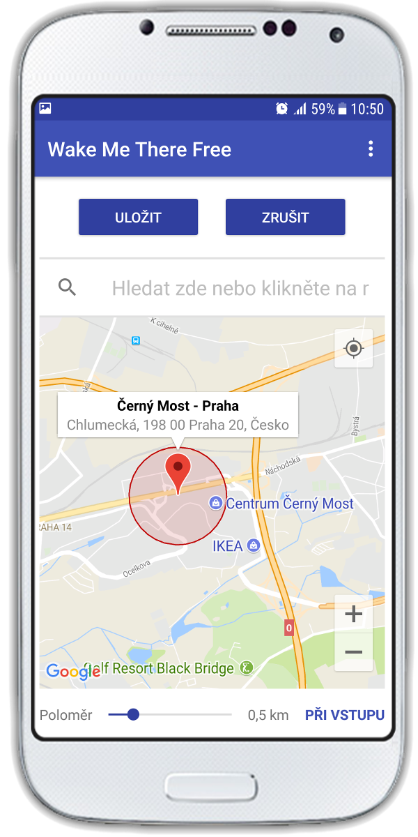 Nastavení alarmu podle GPS pozice ve Wake Me There - GPS Alarm pro Android
