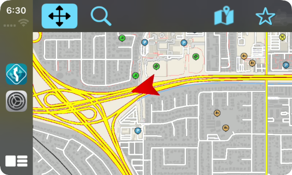 screenshot MapFactor Navigator 2.5 pro iOS na displeji s CarPlay - 2D mapa s aktuální polohou