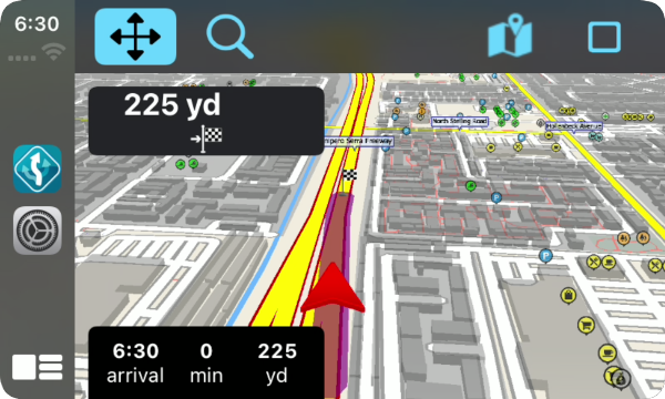 screenshot MapFactor Navigator 2.5 pro iOS na displeji s CarPlay - 3D navigace