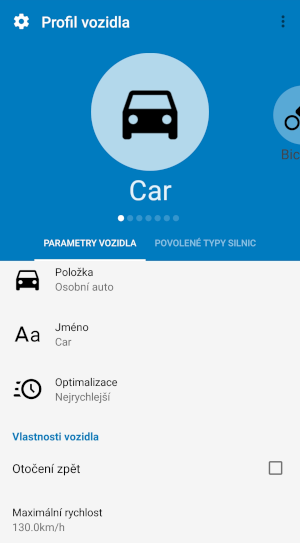 Screenshot Profil vozidla
