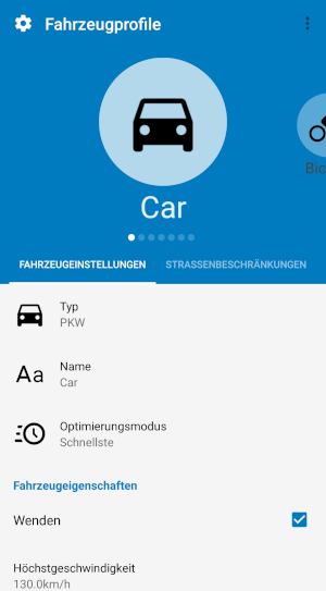 Screenshot MapFactor Navigator 7 für Android - Fahrzeugprofil