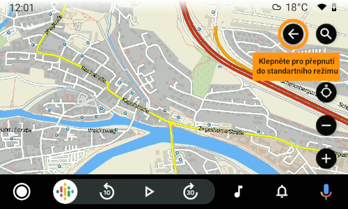 řežim celé obrazovky v Navigatoru 7.1 pro Android na zařízení Android Auto