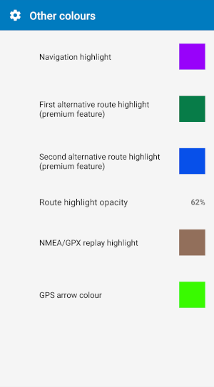Customised colour settings of GPS navigation arrow in Navigator 7 for Android