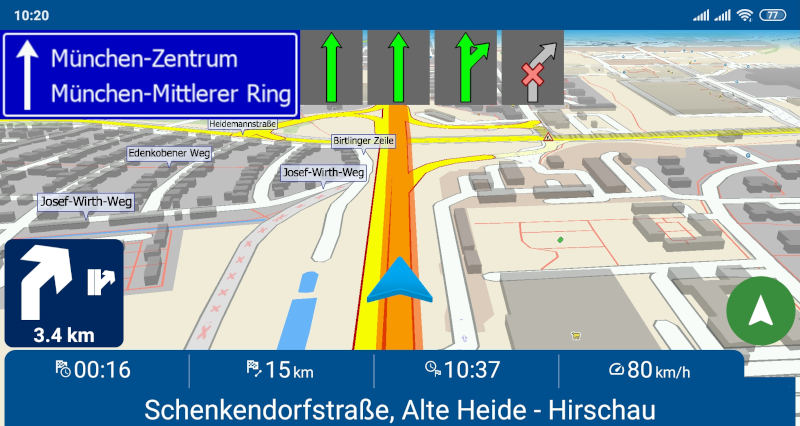 Screenshot Navigator 7 pro Android - upravené barvy trasy a navigační šipky