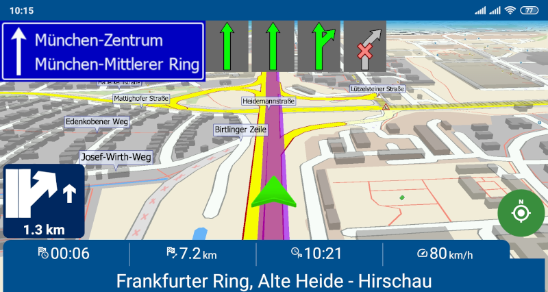 Zelená GPS navigační šipka v Navigatoru 7 pro Android
