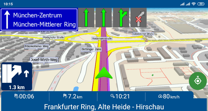 Green GPS navigation arrow in Navigator 7 for Android