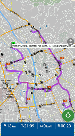 Optimalizovaná trasa s průjezdními body v mapFactor GPS Navigation
