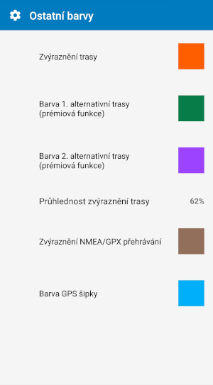 Navigator 7 pro Android - menu barvy - upravené barvy trasy