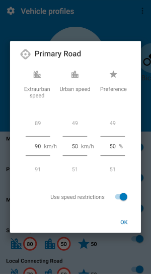 Vehicle profile - Road settings