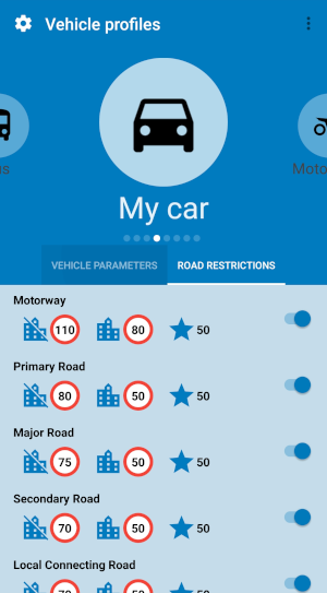 Screenshot MapFactor Navigator 7 for Android - Vehicle profile - Own vehicle called My car settings