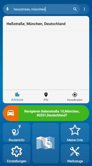 navigator 7 für Android - Hauptmenü mit Offline einzeilige Suche
