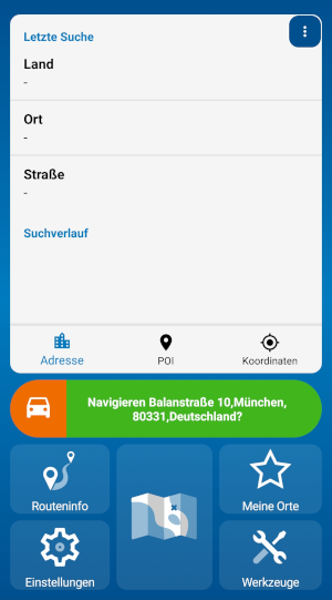 navigator 7 für Android - Hauptmenü mit Offline Suche