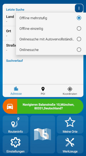 navigator 7 für Android - Hauptmenü - Suchmaschinenauswahl