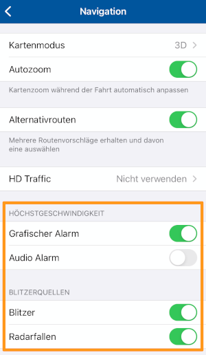 Navigator iOS - Speed and Camera warning settings
