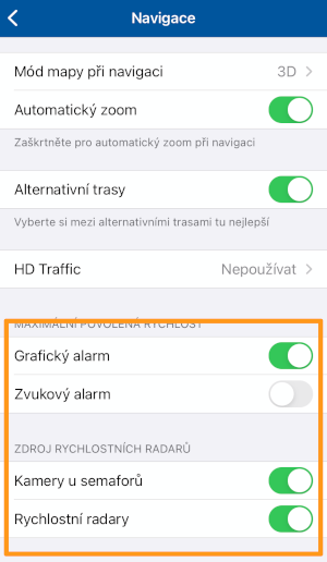 Navigator iOS - Nastavení varování rychlost a radary