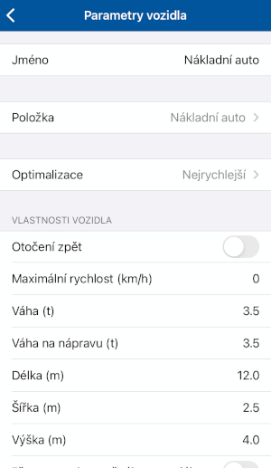 creenshot MapFactor Navigator 2.6 pro iOS - Nastavení - Profily vozidel - Nákladní Auto