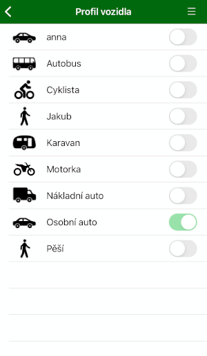 Screenshot MapFactor Navigator 2.6 pro iOS - Nastavení - Profily vozidel