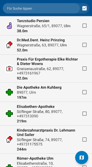 Navigator 7.1 für Android - Bildschirm mit POI-Suchergebnissen und der Möglichkeit, innerhalb dieser Ergebnisse zu suchen