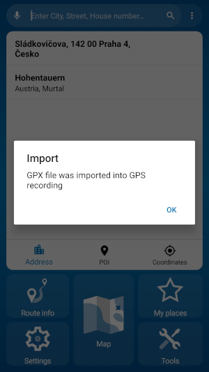 MapFactor Navigator – Import of GPX files - Confirmation of import