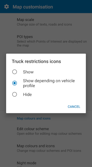 Navigator - Truck restriction icons menu