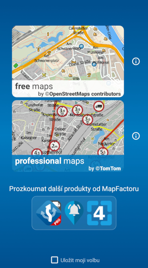Screeshot Mapfactor Navigator 7.2 - uvodni obrazovka s volbou map