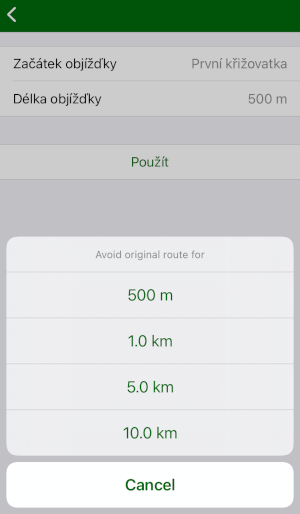 Screenshot mapfactor Navigator pro iOS - Objížďka - nastavení délky