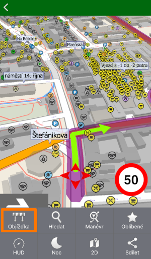 Screenshot mapfactor Navigator pro iOS  - Nástrojová lišta mapy - funkce Objížďka