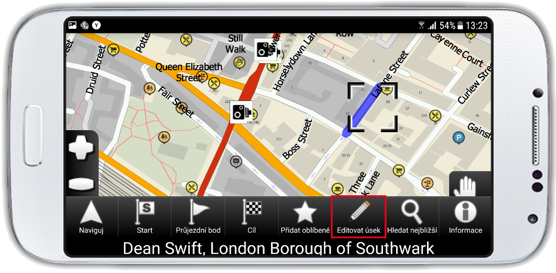 obrazovka mapfactor Navigatoru - volba úseku silnice