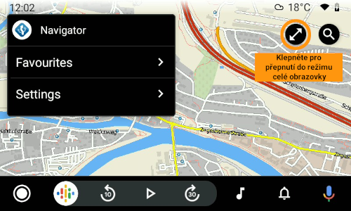 standardní režim zobrazení mapy v navigatoru 7.1 pro Android na zařízení Android Auto a jak přepnout na režim celé obrazovky