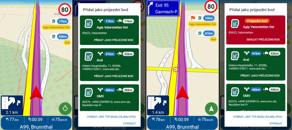 Screenshoty Navigator 8 - Nejbližší POI podél trasy, přidání jako průjezdní bod na trase