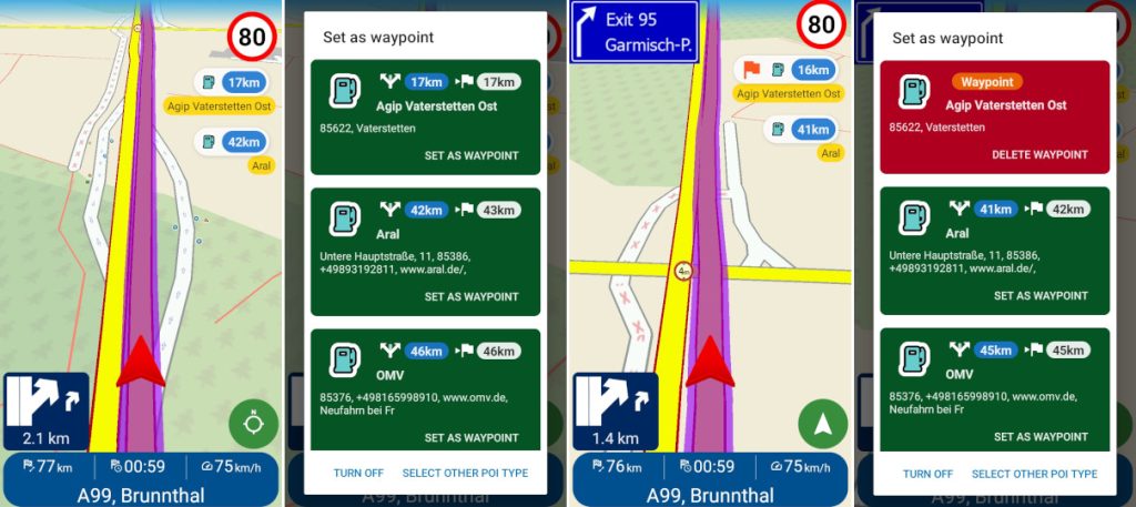 Picture with screenshots: MapFactor Navigator 8: Nearby POI Along Route - show, use as a waypoint